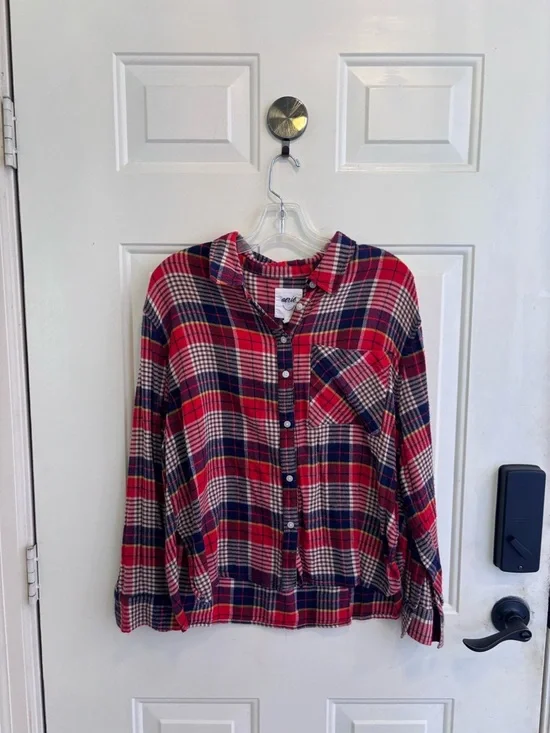 aerie Red Plaid Button-Up Shirt with Navy and Cream Accents - Picture 2 of 4